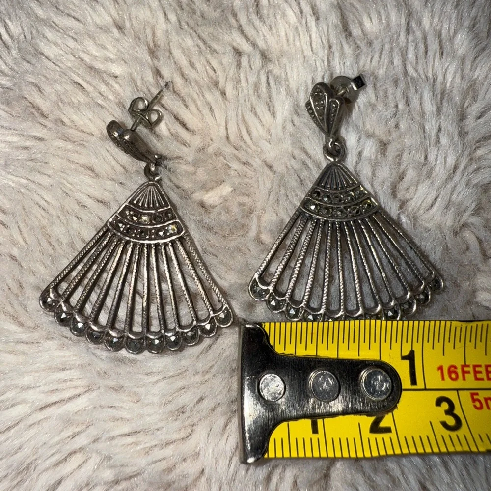 Sterling‎ Silver Marcasite Fan Earrings 925 Dangle Pierced Ears